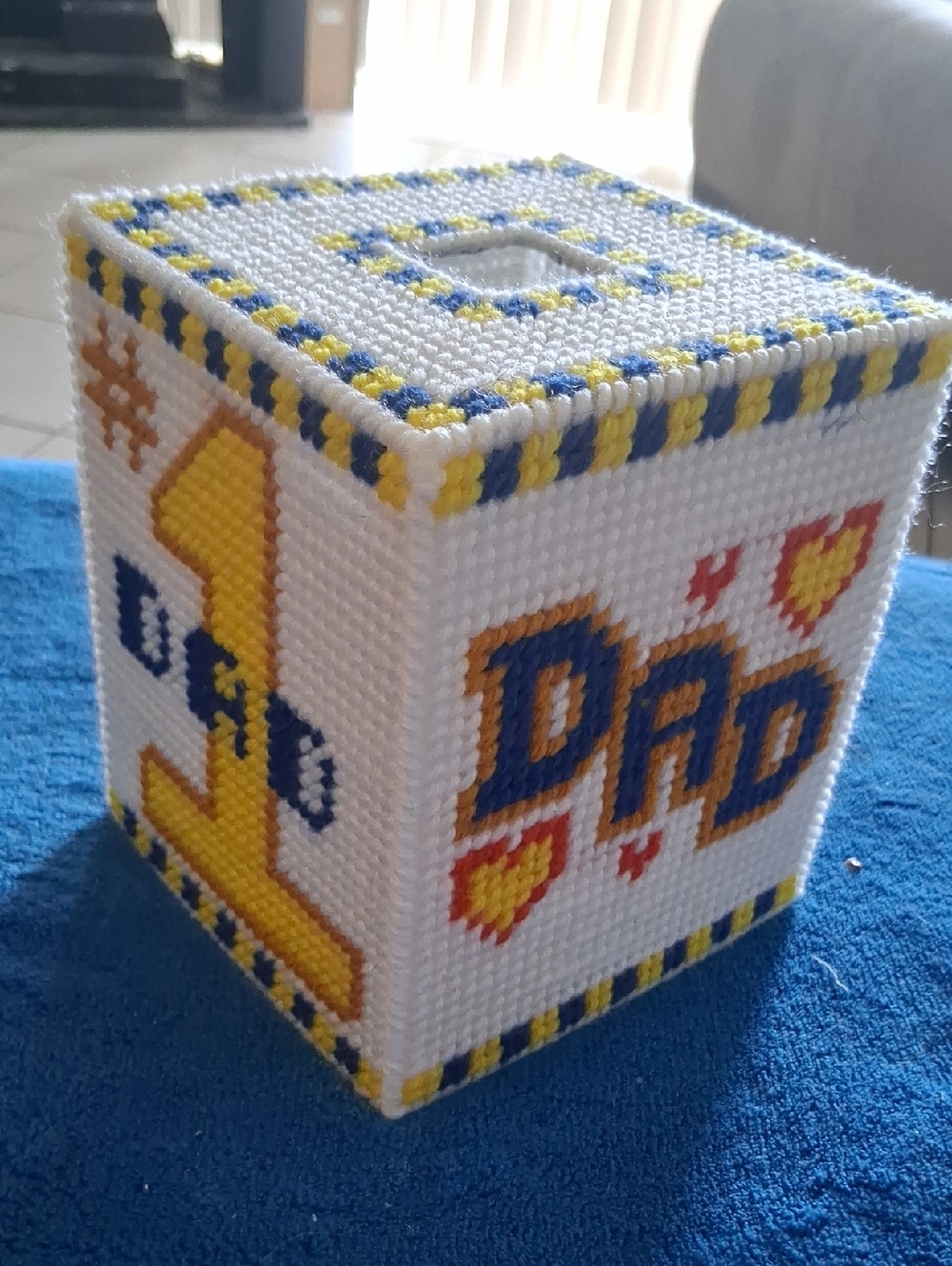 Handmade 'Dad' Tissue Box Cover - White, Yellow & Blue
